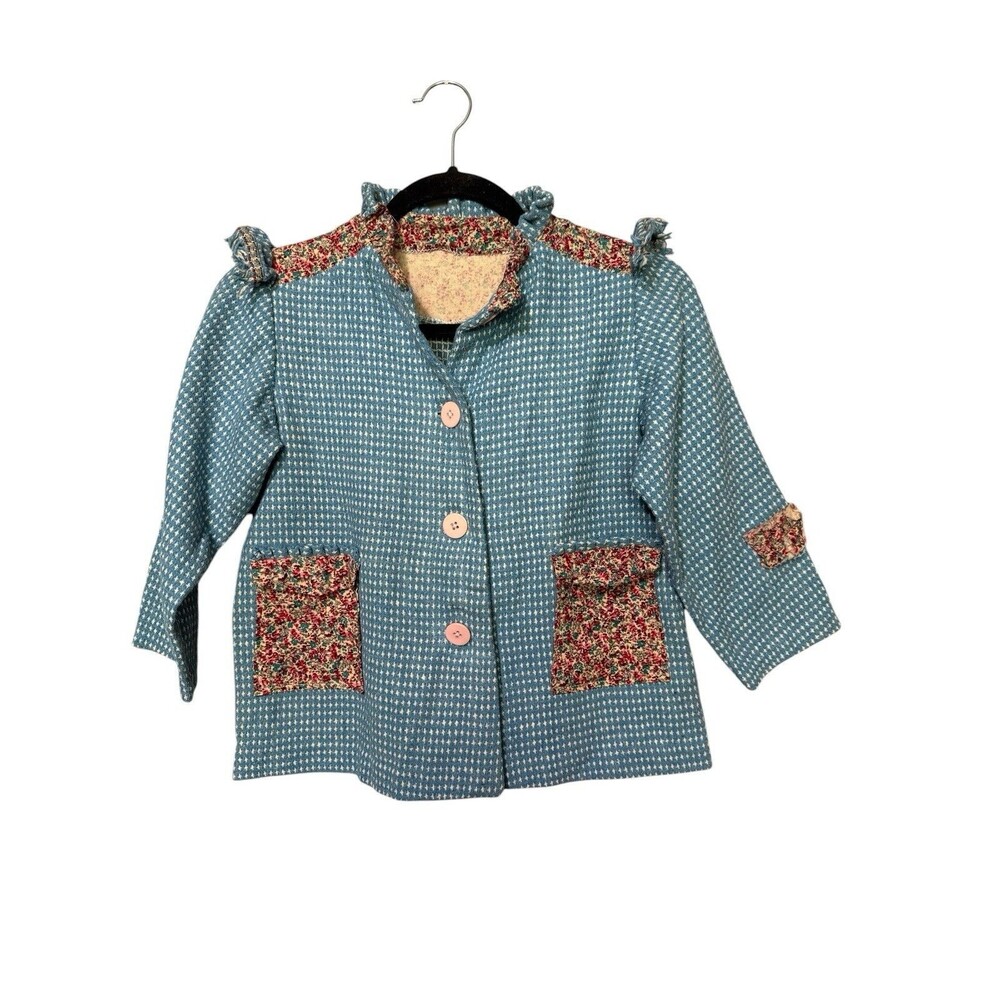 Handmade Girls Blue Jacket Floral Contrast Ruffle Collar Patch Pockets
